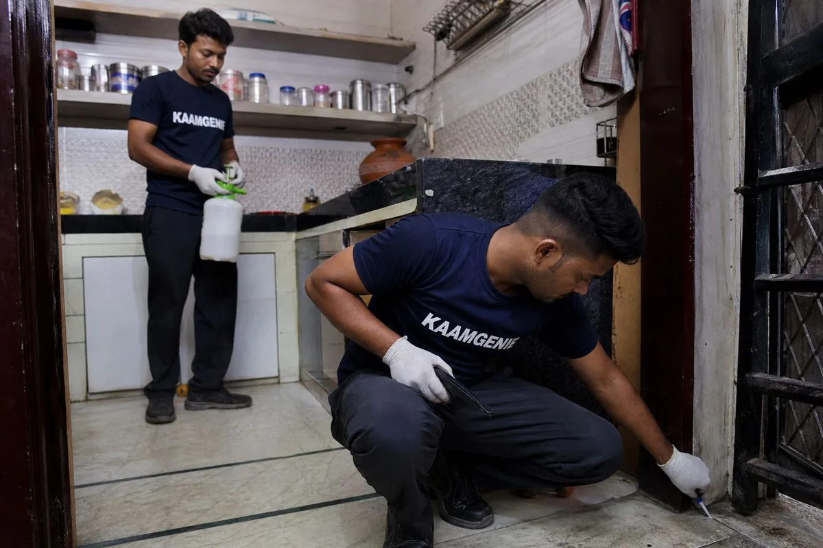 KaamGenie pest control technician treating a Gandhi Colony property in Faridabad