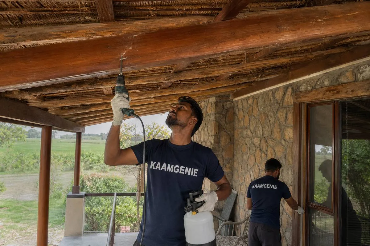 KaamGenie pest control technician treating a Gothda property in Faridabad