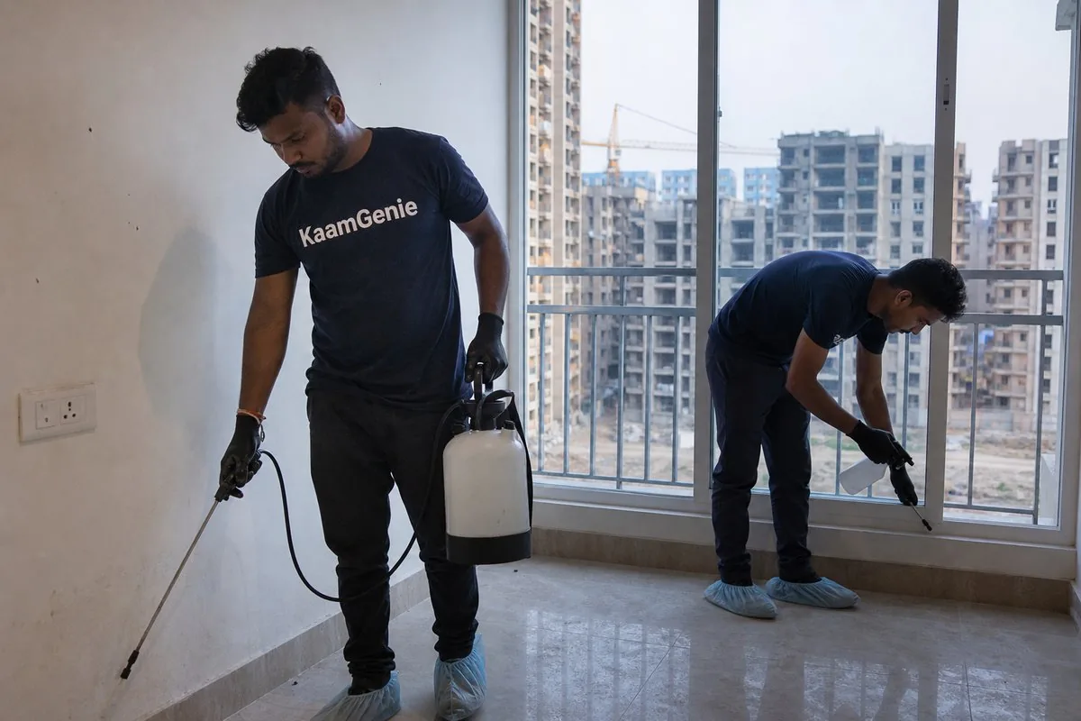 KaamGenie pest control technician treating a Greater Faridabad (Neharpar) property in Faridabad