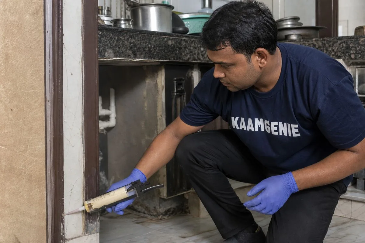 KaamGenie pest control technician treating a Green Field Colony property in Faridabad