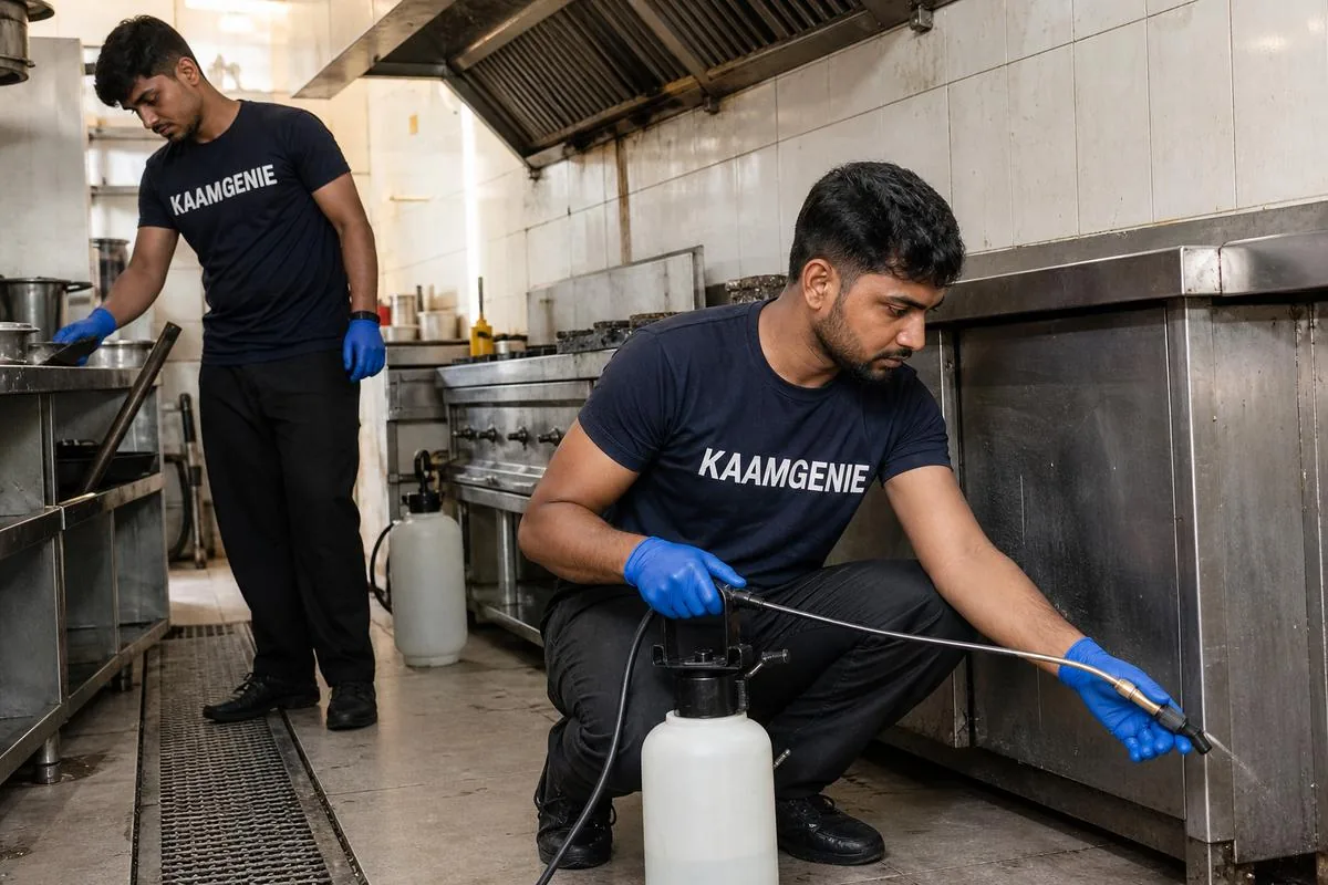 KaamGenie pest control technician treating a Hardware Chowk property in Faridabad