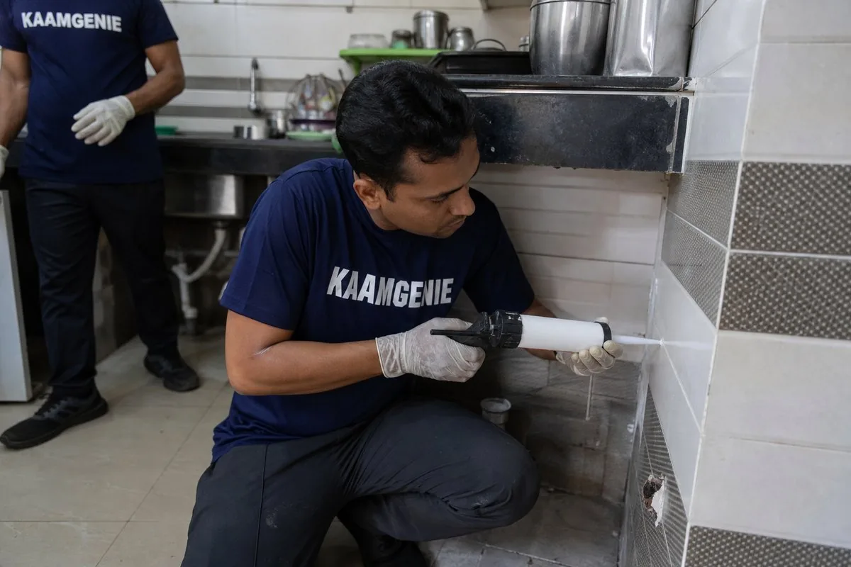 KaamGenie pest control technician treating a Indraprastha Colony property in Faridabad