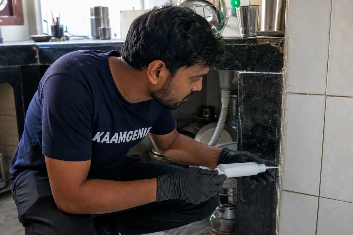 KaamGenie pest control technician treating a Jeevan Nagar property in Faridabad
