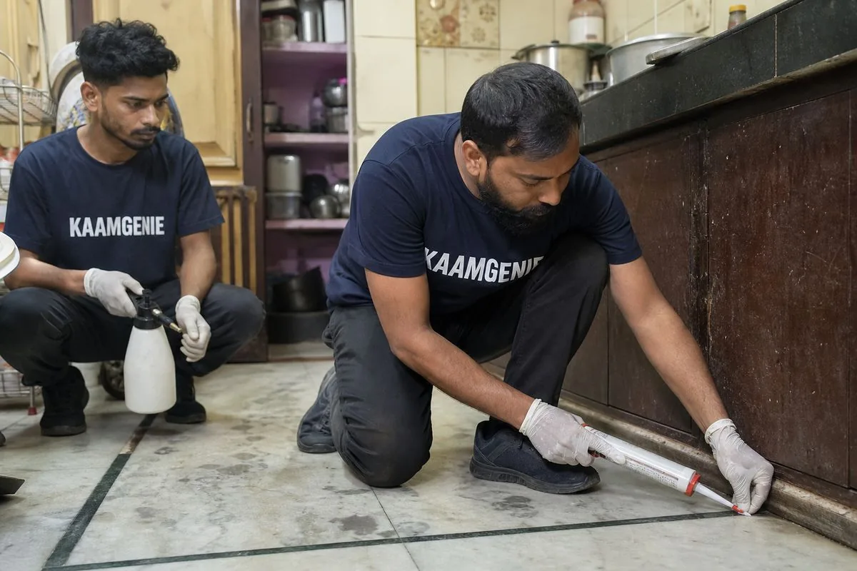 KaamGenie pest control technician treating a Krishna Colony property in Faridabad
