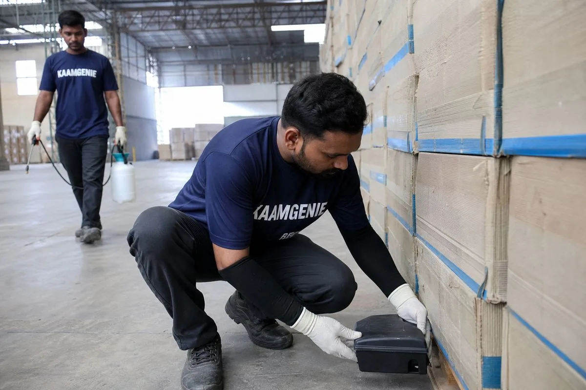 KaamGenie pest control technician treating a Mewla Maharajpur property in Faridabad