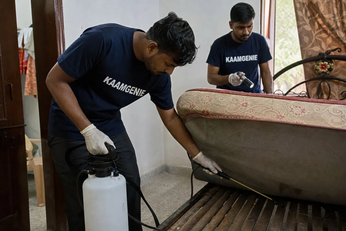 KaamGenie pest control technician treating a NIT No. 2 property in Faridabad