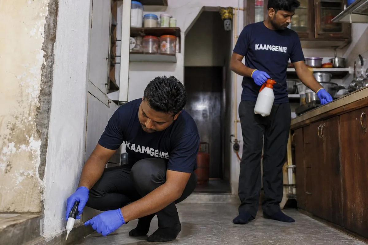 KaamGenie pest control technician treating a NIT No. 3 property in Faridabad
