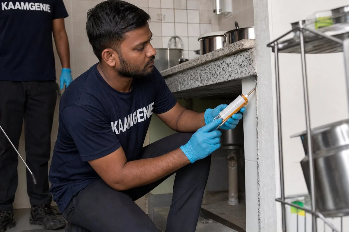 KaamGenie pest control technician treating a NIT No. 5 property in Faridabad