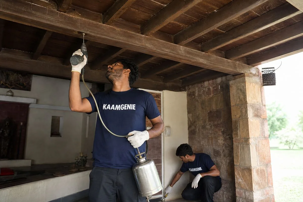 KaamGenie pest control technician treating a Parvatiya Colony property in Faridabad