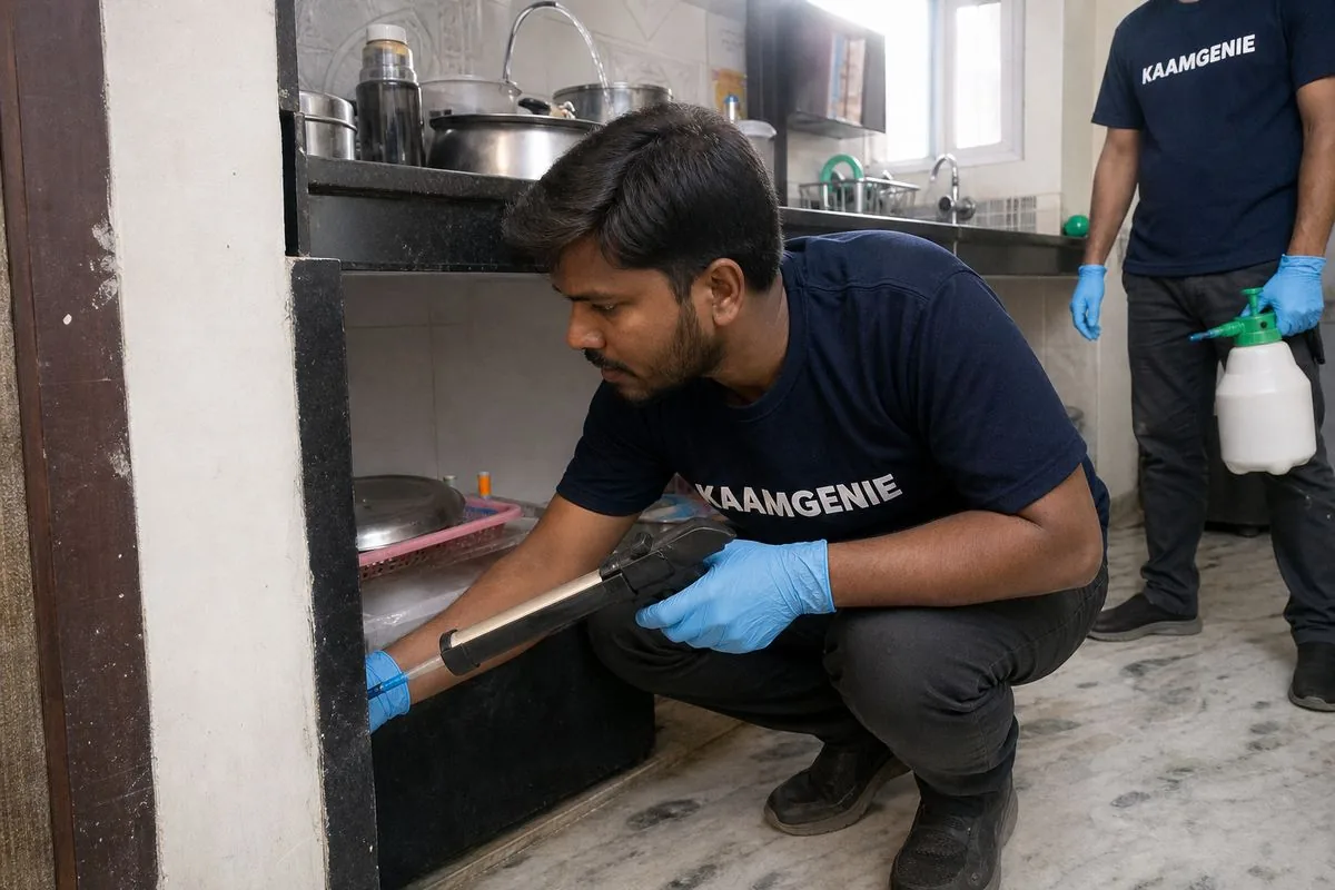 KaamGenie pest control technician treating a Sector 28 property in Faridabad