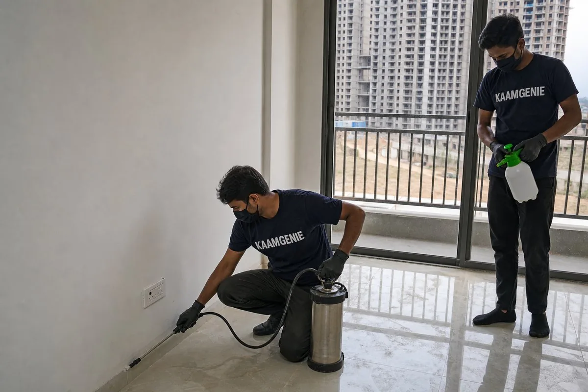 KaamGenie pest control technician treating a Sector 77 property in Faridabad