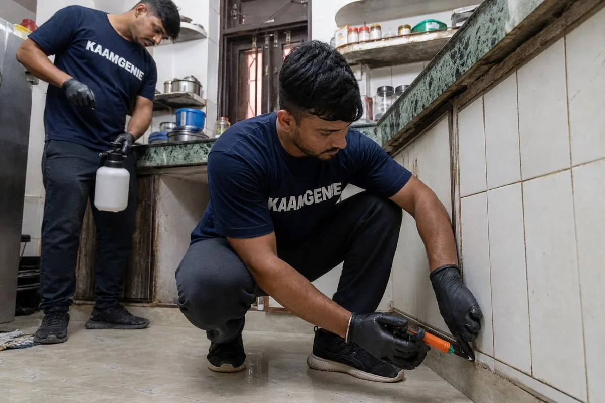 KaamGenie pest control technician treating a Sehatpur property in Faridabad