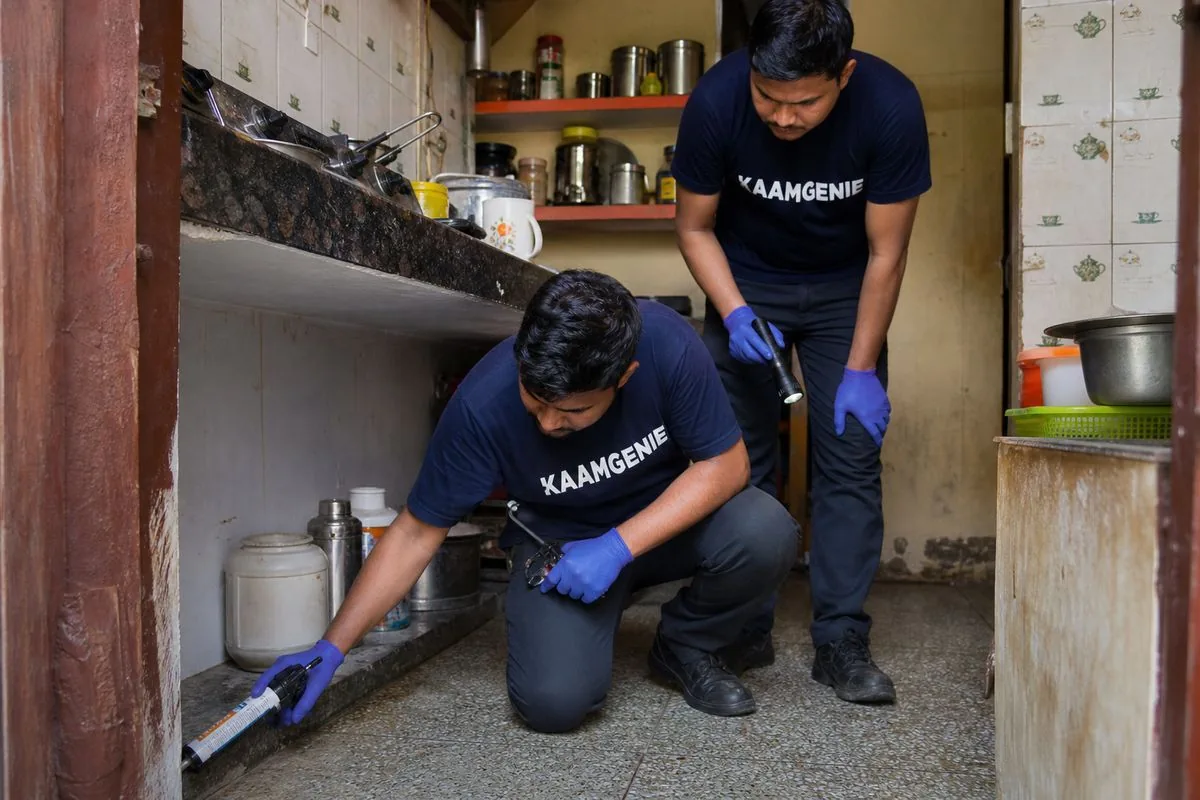 KaamGenie pest control technician treating a SGM Nagar property in Faridabad
