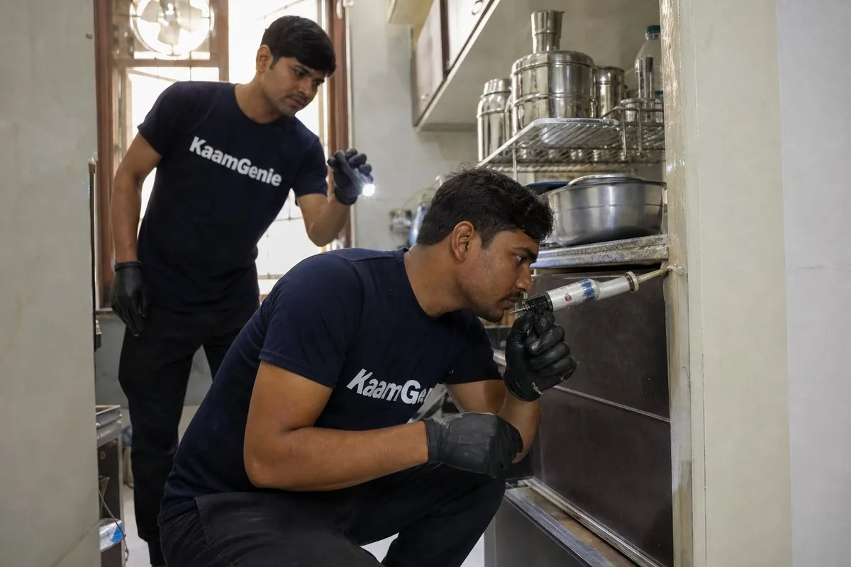 KaamGenie pest control technician treating a Shastri Colony property in Faridabad