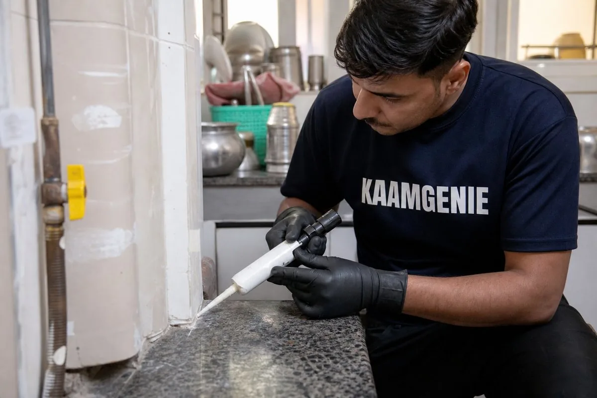 KaamGenie pest control technician treating a Spring Field Colony property in Faridabad