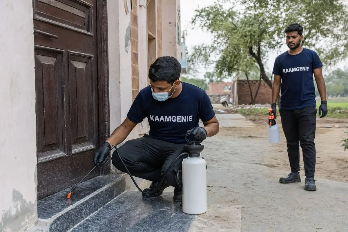 KaamGenie pest control technician treating a Fatehpur Beri property in South Delhi