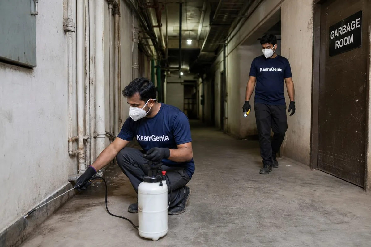 KaamGenie pest control technician treating a Gaur City 1 property in Noida