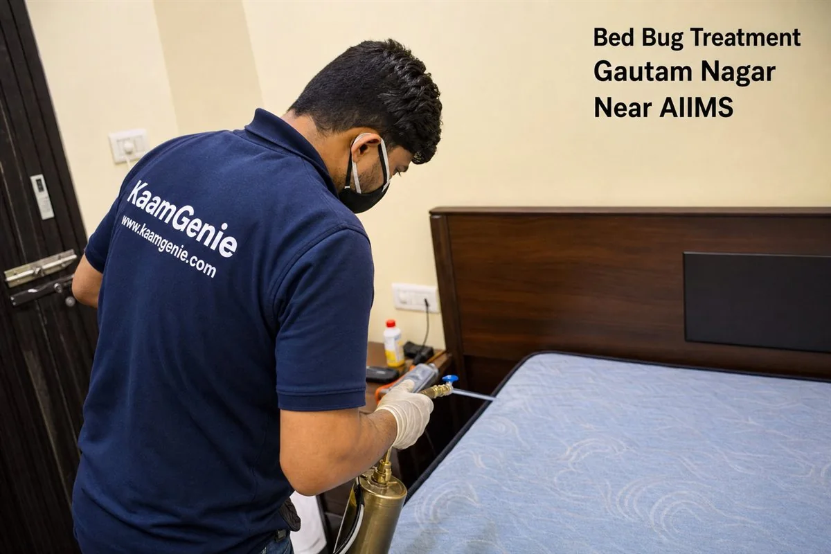 KaamGenie pest control technician treating a PG room for bed bugs in Gautam Nagar near AIIMS, South Delhi