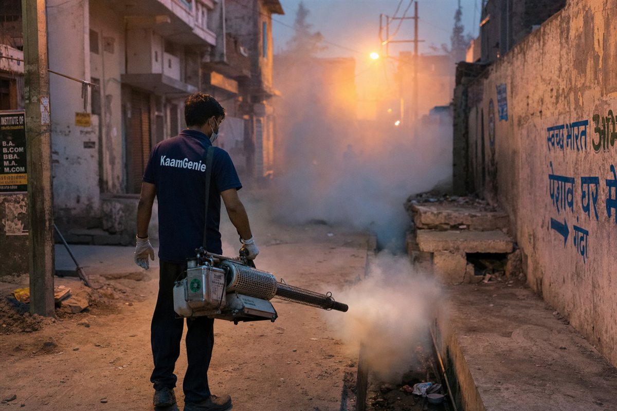 KaamGenie pest control technician treating a Geeta Colony property in East Delhi