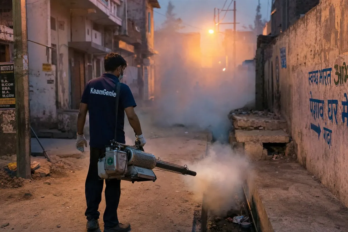 KaamGenie pest control technician treating a Geeta Colony property in East Delhi