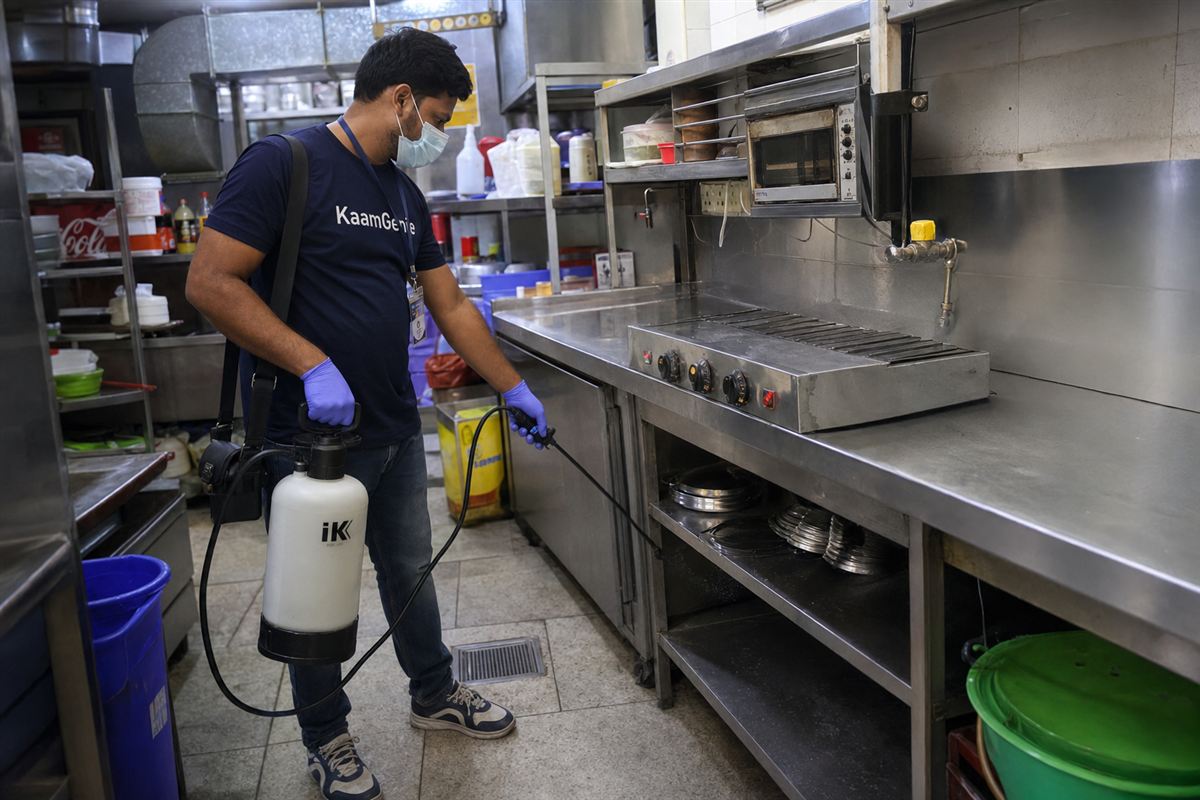 KaamGenie pest control technician treating a Ghazipur property in East Delhi