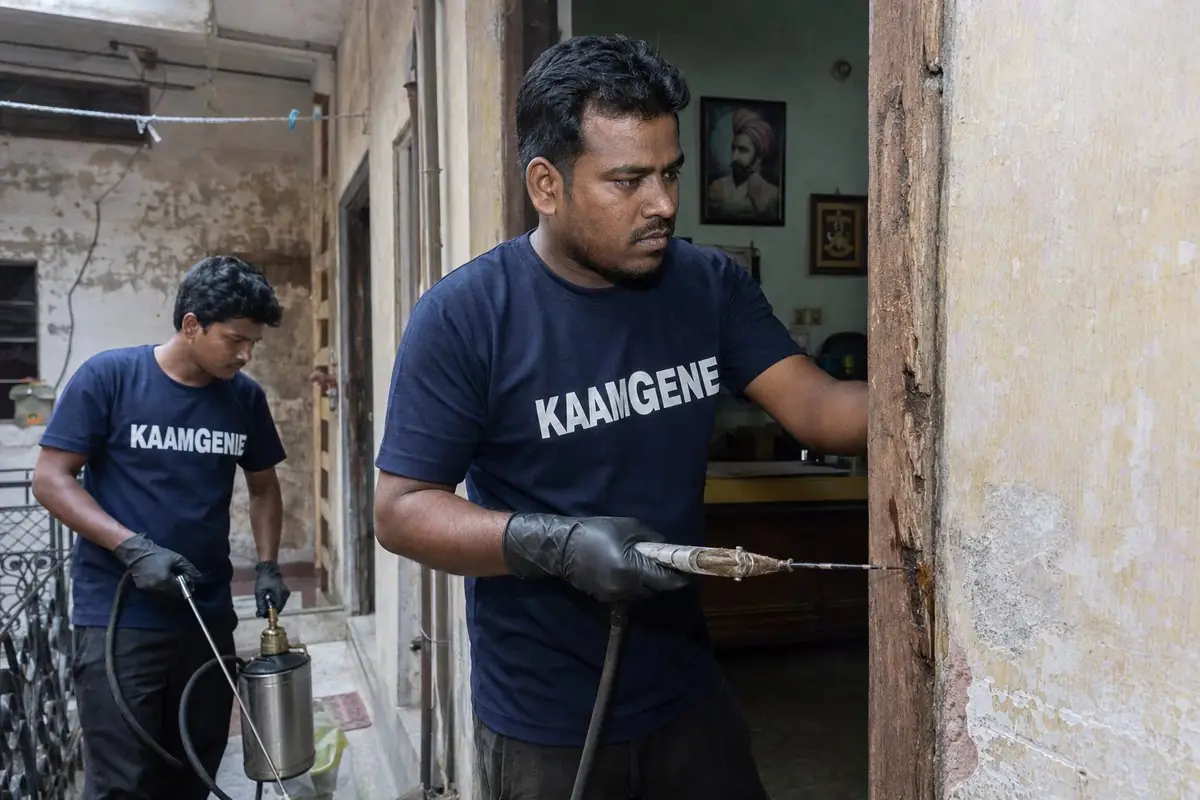 KaamGenie pest control technician treating a Ghonda property in East Delhi