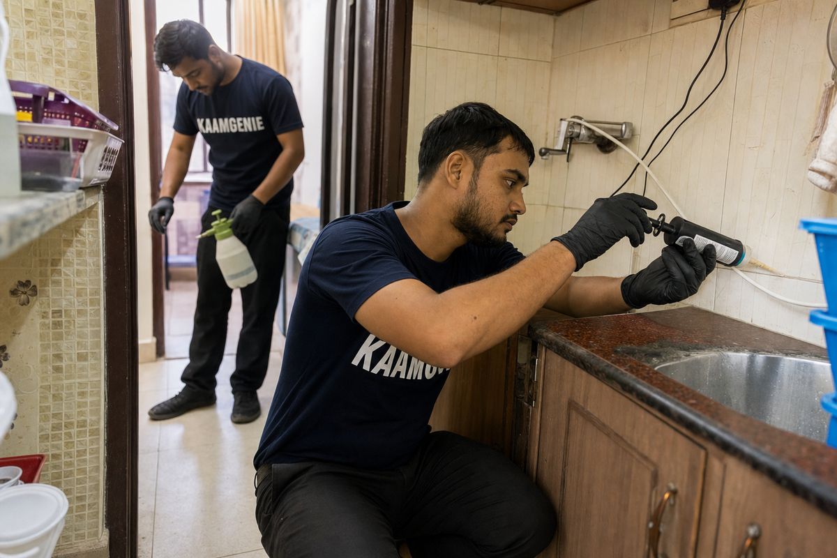 KaamGenie pest control technician treating a Govindpuri property in South Delhi