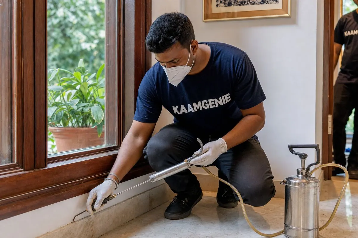 KaamGenie pest control technician treating a Gulmohar Park property in South Delhi