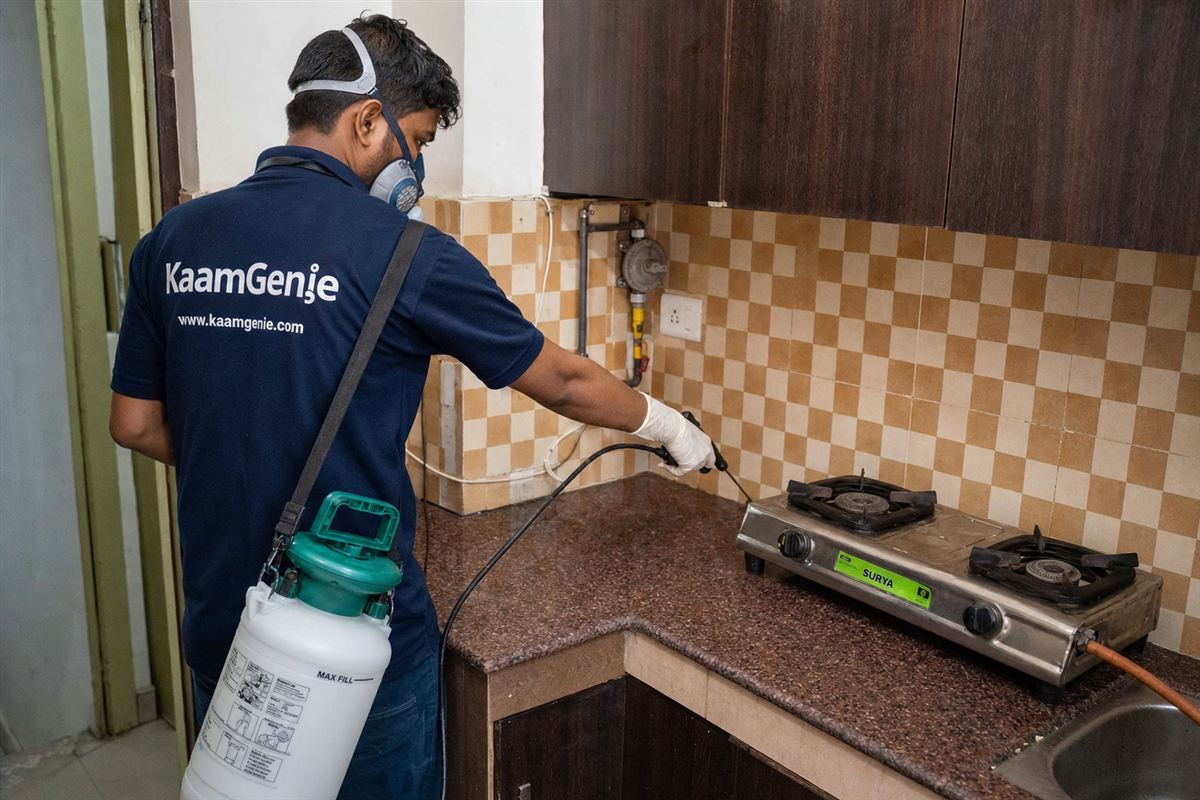 KaamGenie pest control technician treating a Haiderpur property in North-West Delhi