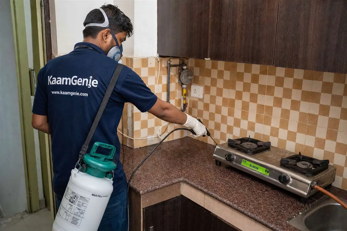 KaamGenie pest control technician treating a Haiderpur property in North-West Delhi