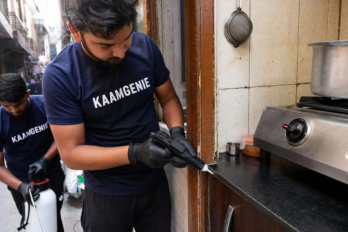 KaamGenie pest control technician treating a Haji Colony property in South Delhi