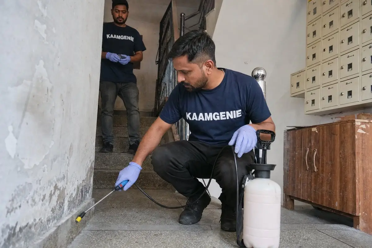 KaamGenie pest control technician treating a Hari Nagar Ashram property in South Delhi