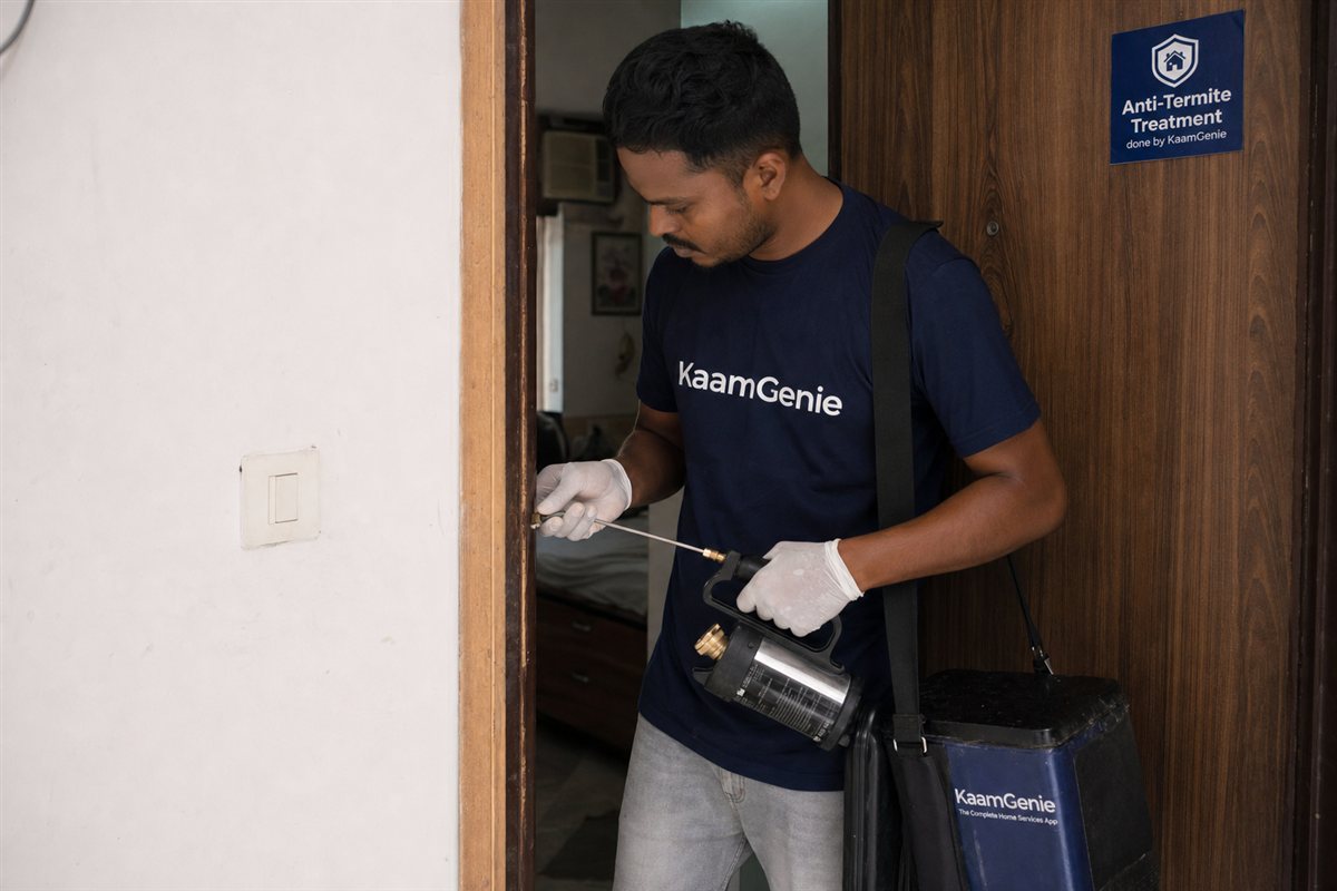 KaamGenie pest control technician treating a Hari Nagar property in West Delhi