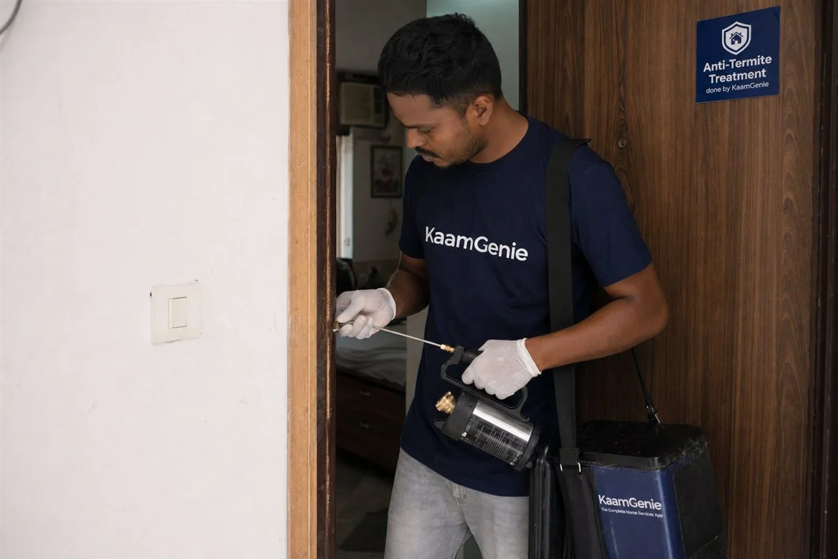 KaamGenie pest control technician treating a Hari Nagar property in West Delhi
