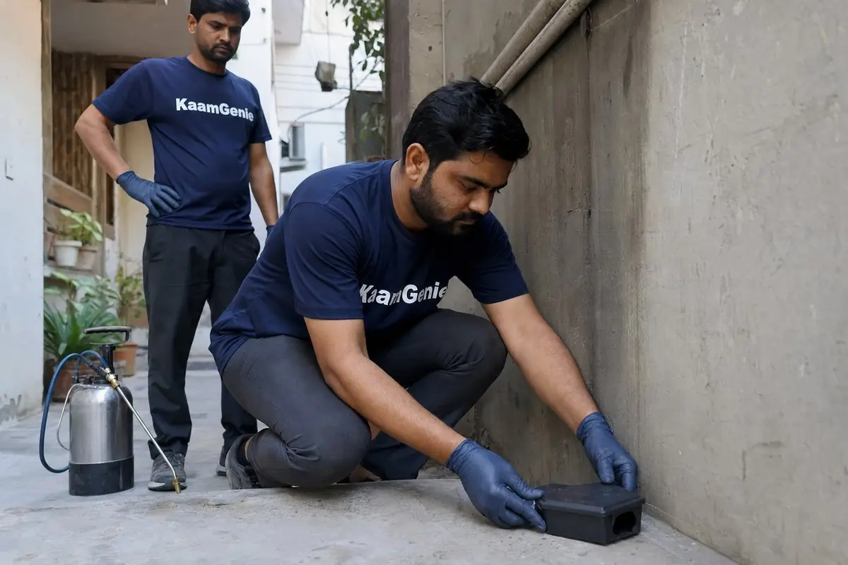 KaamGenie pest control technician treating a Harkesh Nagar property in South Delhi