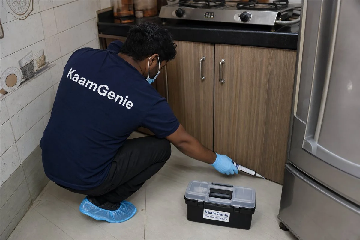 KaamGenie pest control technician treating a Harsh Vihar property in East Delhi