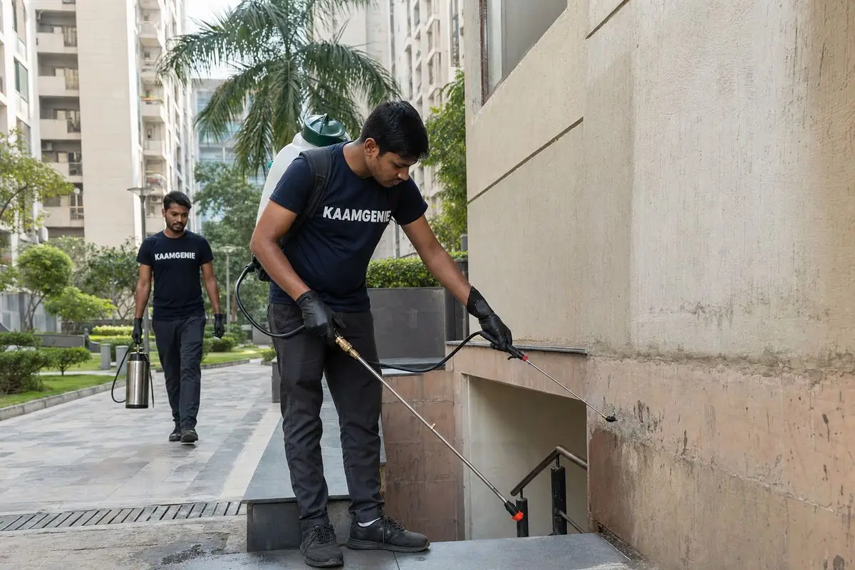KaamGenie pest control technician treating a HUDCO Place property in South Delhi