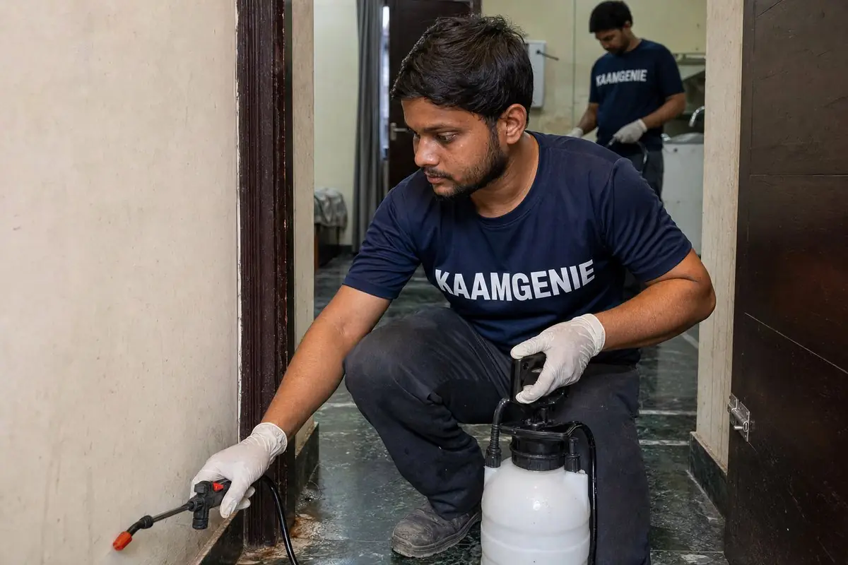 KaamGenie pest control technician treating a Ibrahimpur property in North & Central Delhi