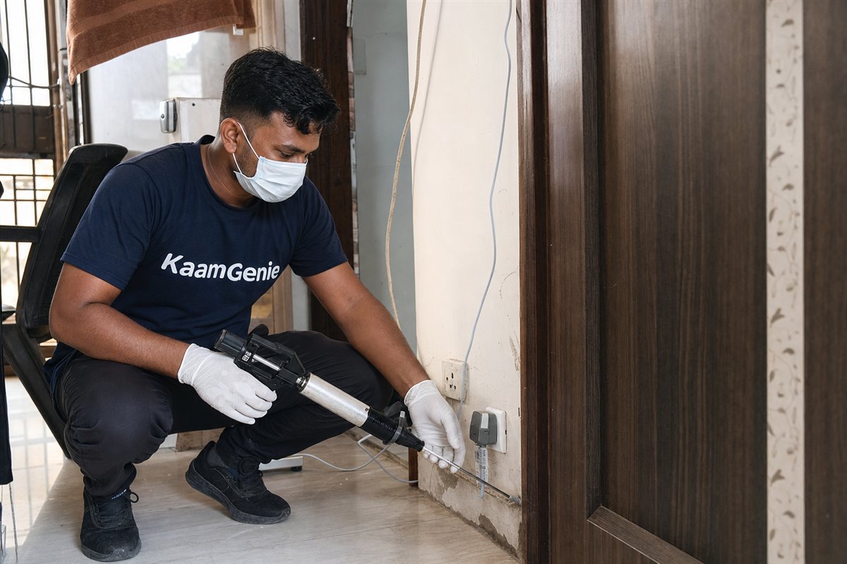 KaamGenie pest control technician treating a DDA flat in Inderpuri, West Delhi