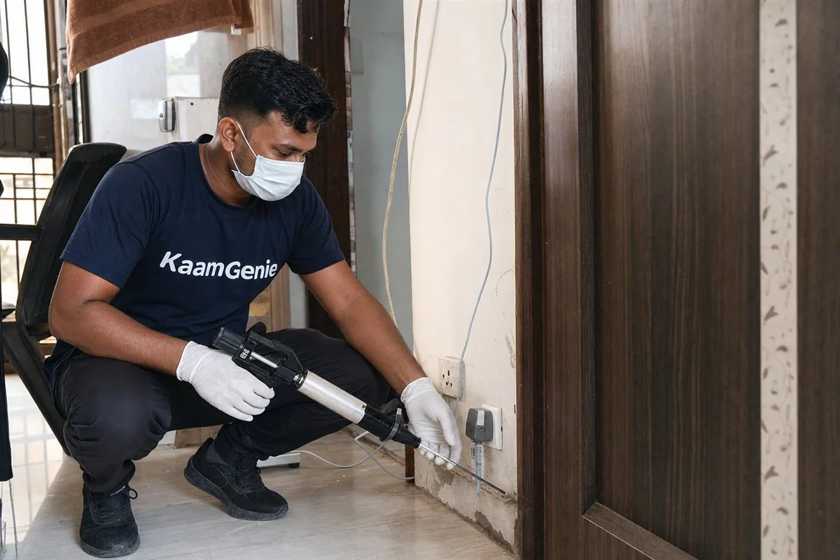 KaamGenie pest control technician treating a DDA flat in Inderpuri, West Delhi
