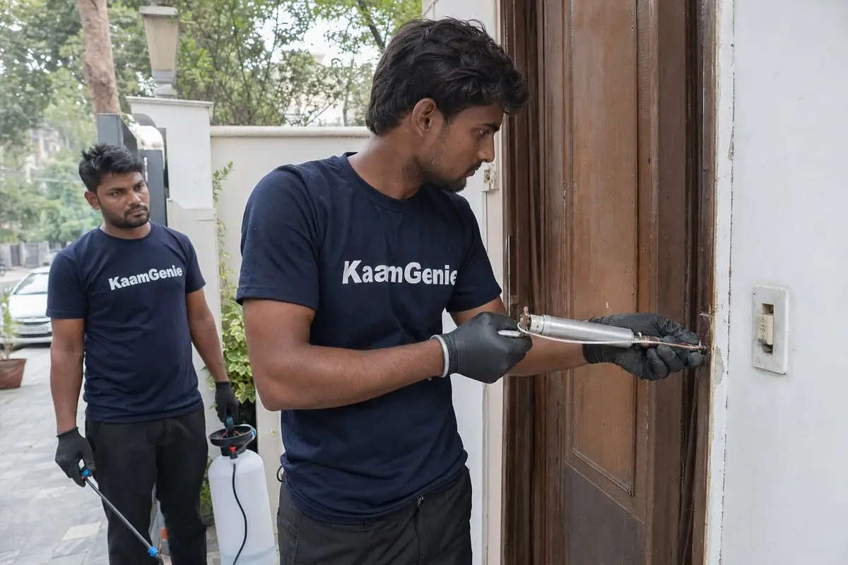 KaamGenie pest control technician treating a Ishwar Nagar property in South Delhi