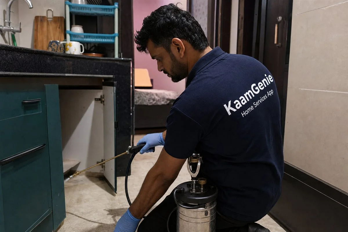 KaamGenie pest control technician treating a Jail Road property in West Delhi