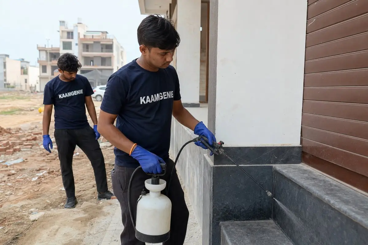 KaamGenie pest control technician treating a Jaitpur property in South Delhi