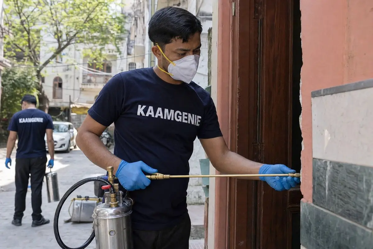 KaamGenie pest control technician treating a Jangpura property in South Delhi