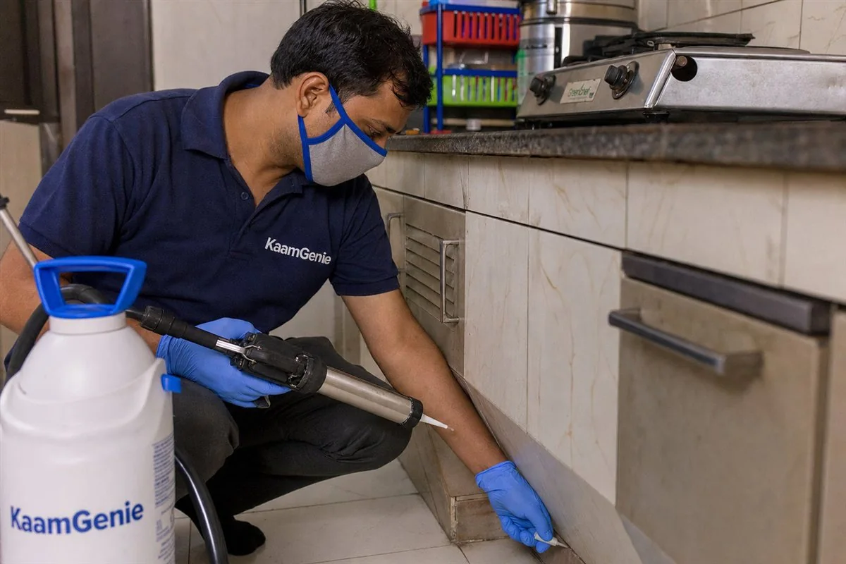 KaamGenie pest control technician treating a Jhandewalan property in North & Central Delhi