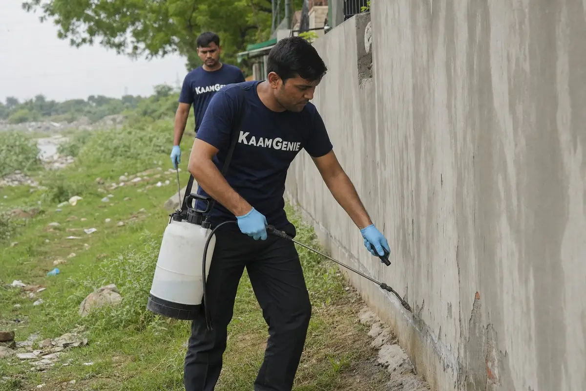 KaamGenie pest control technician treating a Jharoda property in North & Central Delhi