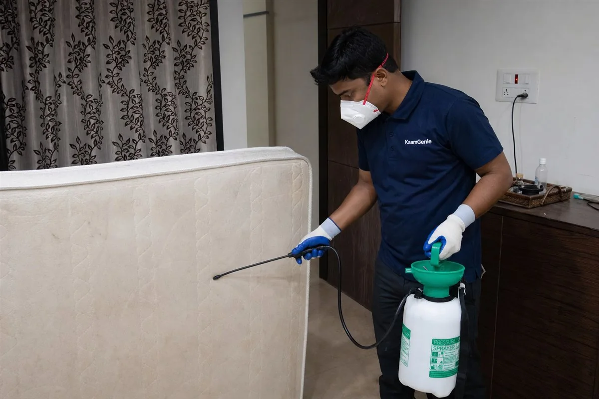 KaamGenie pest control technician treating a Jhilmil Tahirpur property in East Delhi