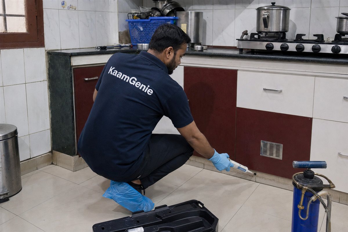 KaamGenie pest control technician treating a Johripur property in East Delhi