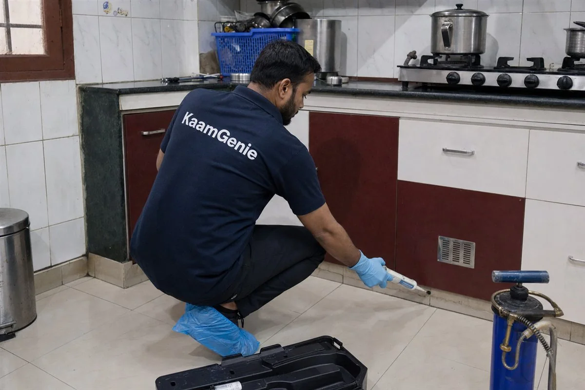 KaamGenie pest control technician treating a Johripur property in East Delhi