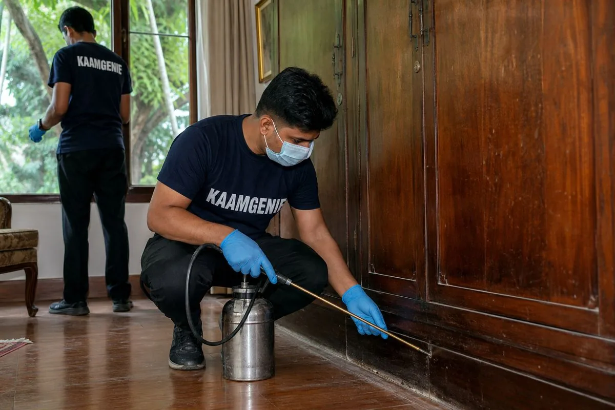 KaamGenie pest control technician treating a Jor Bagh property in Central Delhi